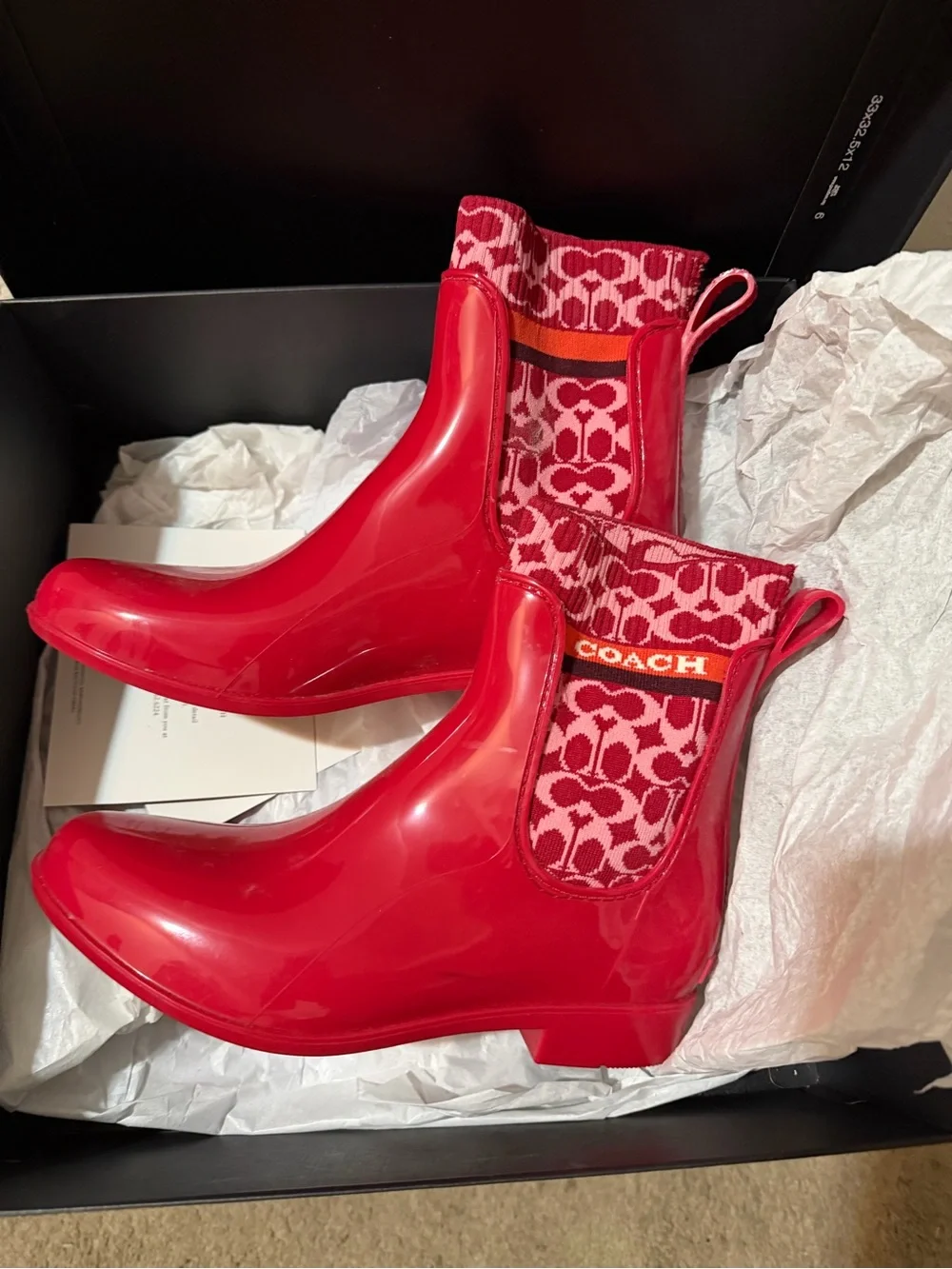 COACH Bright Red Gloss Chelsea Rain Boots with Signature Knit